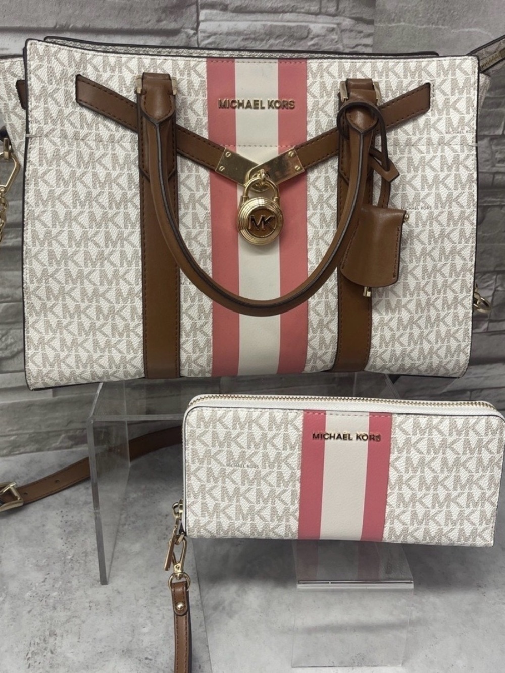 Michael Kors Nouveau Hamilton Pink & White Center Stripe Logo Bag & Wallet